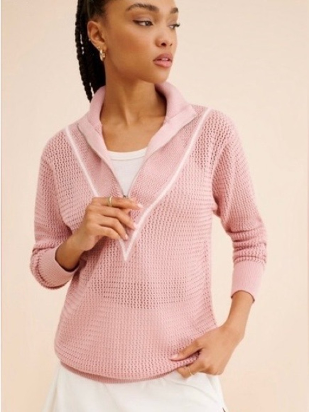 Varley Dusty Pink V-Neck Knit Pullover